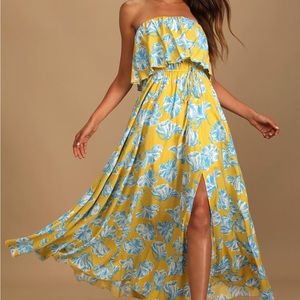 Yellow and Blue Strapless Maxi Dress